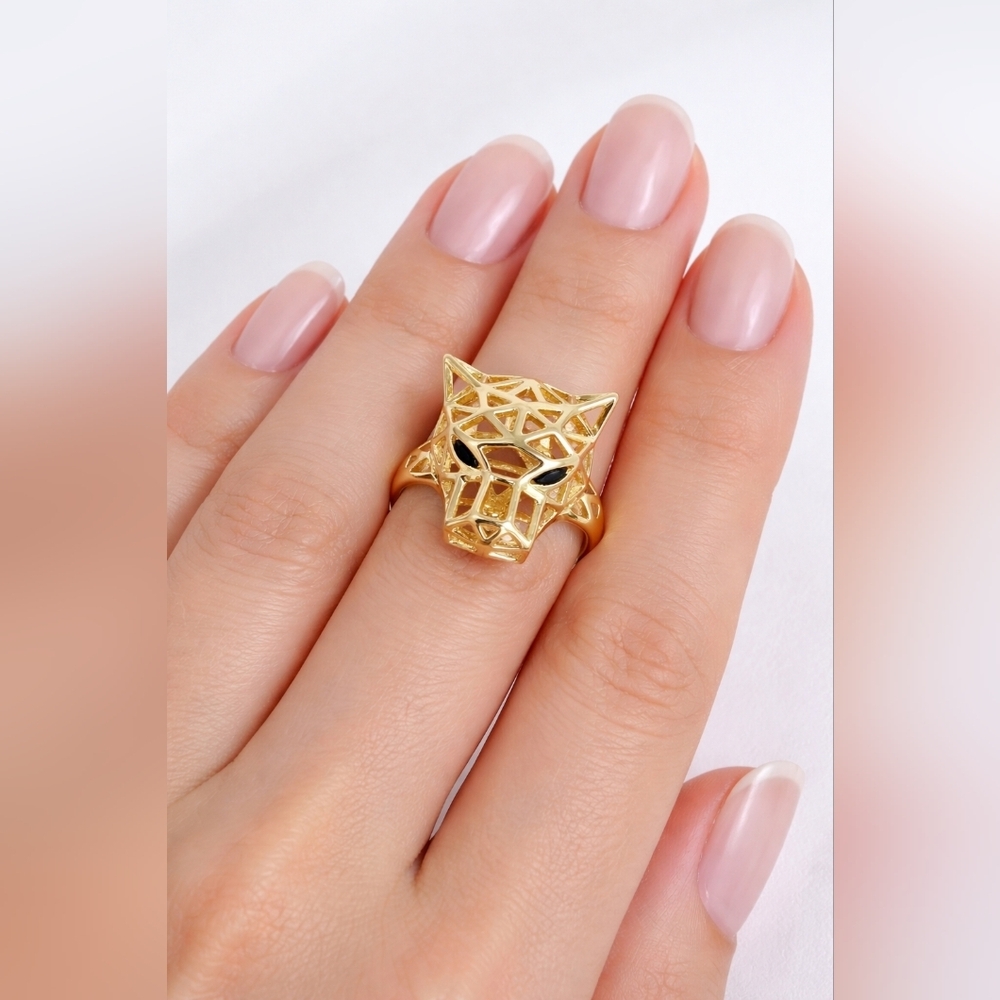 Gold Plated Panther Ring Size 9 Geometric Animal Head Statement Ring Black Eyes